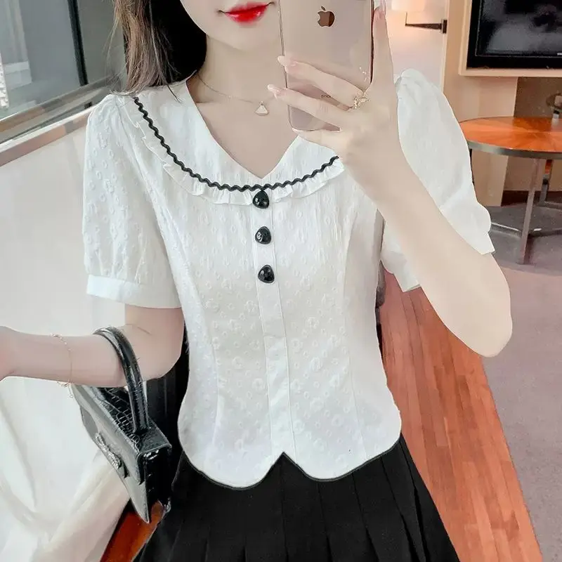 Short Slim Contrast Patchwork Elegant Blouse Summer Short Sleeve All-match Fashion Shirt Tops Temperament Korean Women Clothing