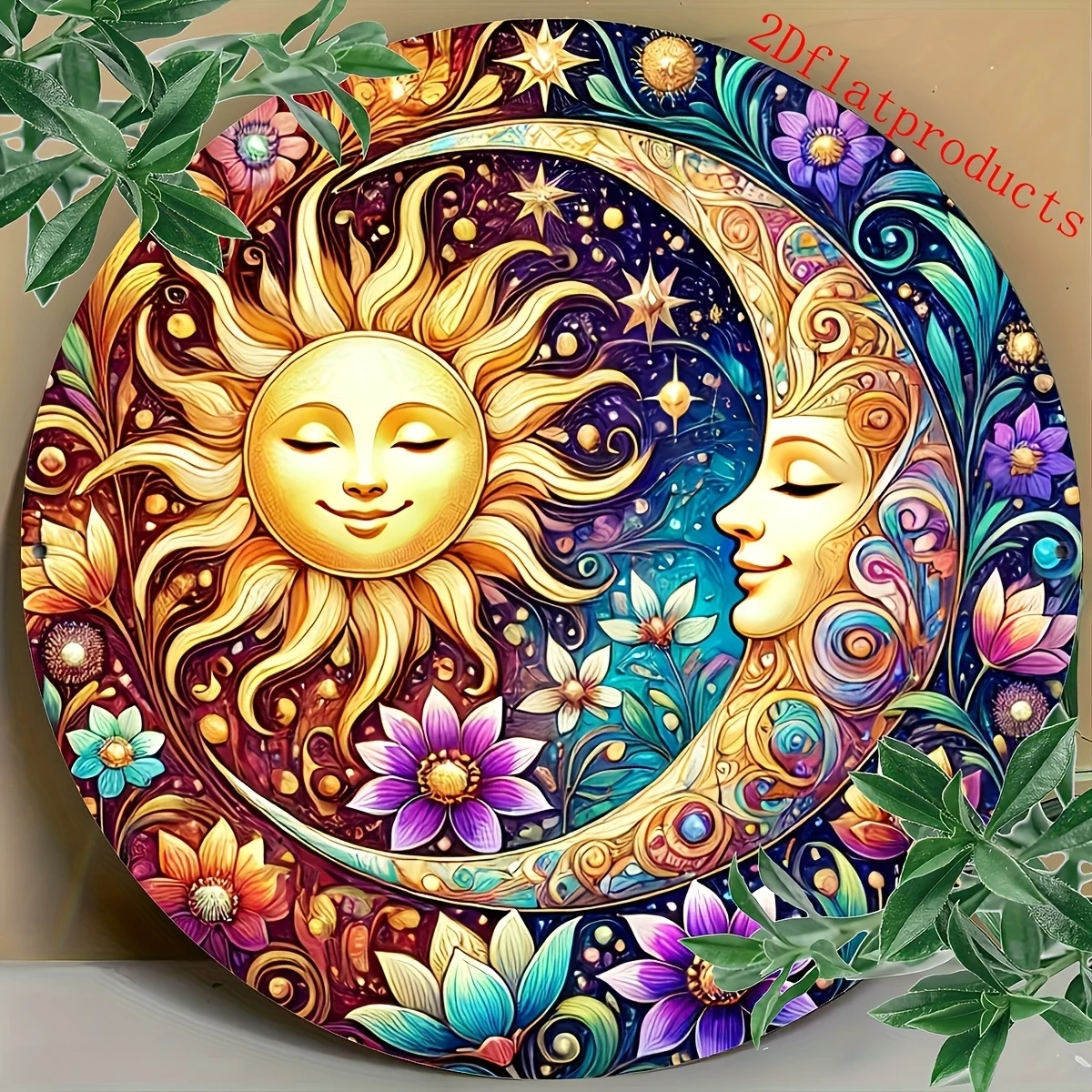 2D Retro Bohemian-Style Sun And Moon Wall Art Pendant 4in Wooden round Disc Sacred Guardian Deity Home Decoration Party Gifts
