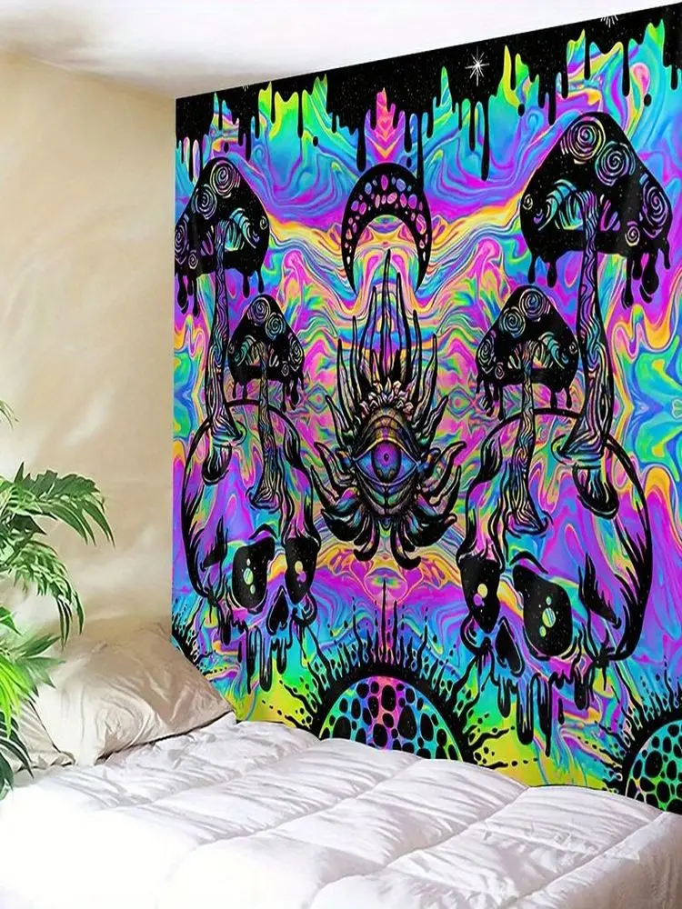 VIKAMA Psychedelischer Pilz-Totenkopf Wandbehang Trippy Regenbogen-Wirbel Drittes Auge Wandteppich Hippie Wohnheim Schlafzimmer Deko Stoff