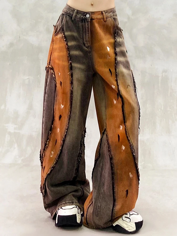 Y2K American Street Pants Women Wasteland Style Worn Wide Leg Autumn Erosion Damage Edging Jeans Fashion