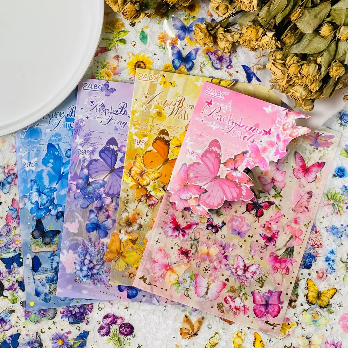 Journamm 2sheets Butterfly Flowers Decoration Stickers PET Collagefor Scrapbooking Junk Journal Creative Hand Account Stickers