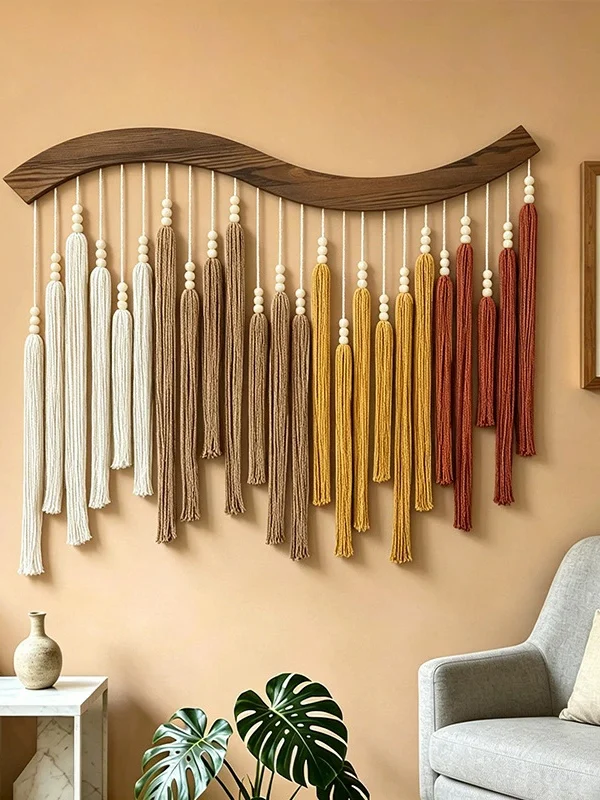 Handmade Gradient Tassel Tapestry Arc Wave Wood Pole Wall Decor Minimalist Style Living Room Artistic Hanging Decorations