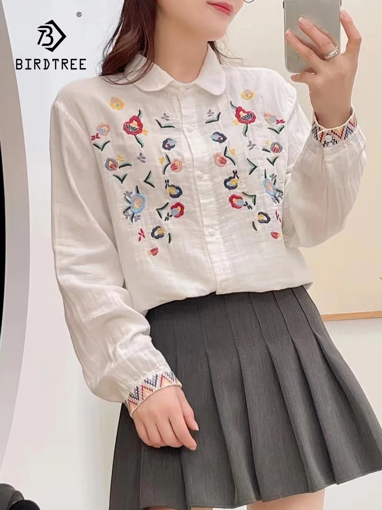 New Autumn Cotton Yarn Long Sleeve Shirt, Women Lapel Embroidery Top, Mori Girl Sweet Soft Loose Blouses, 2024 Winter T48838QC