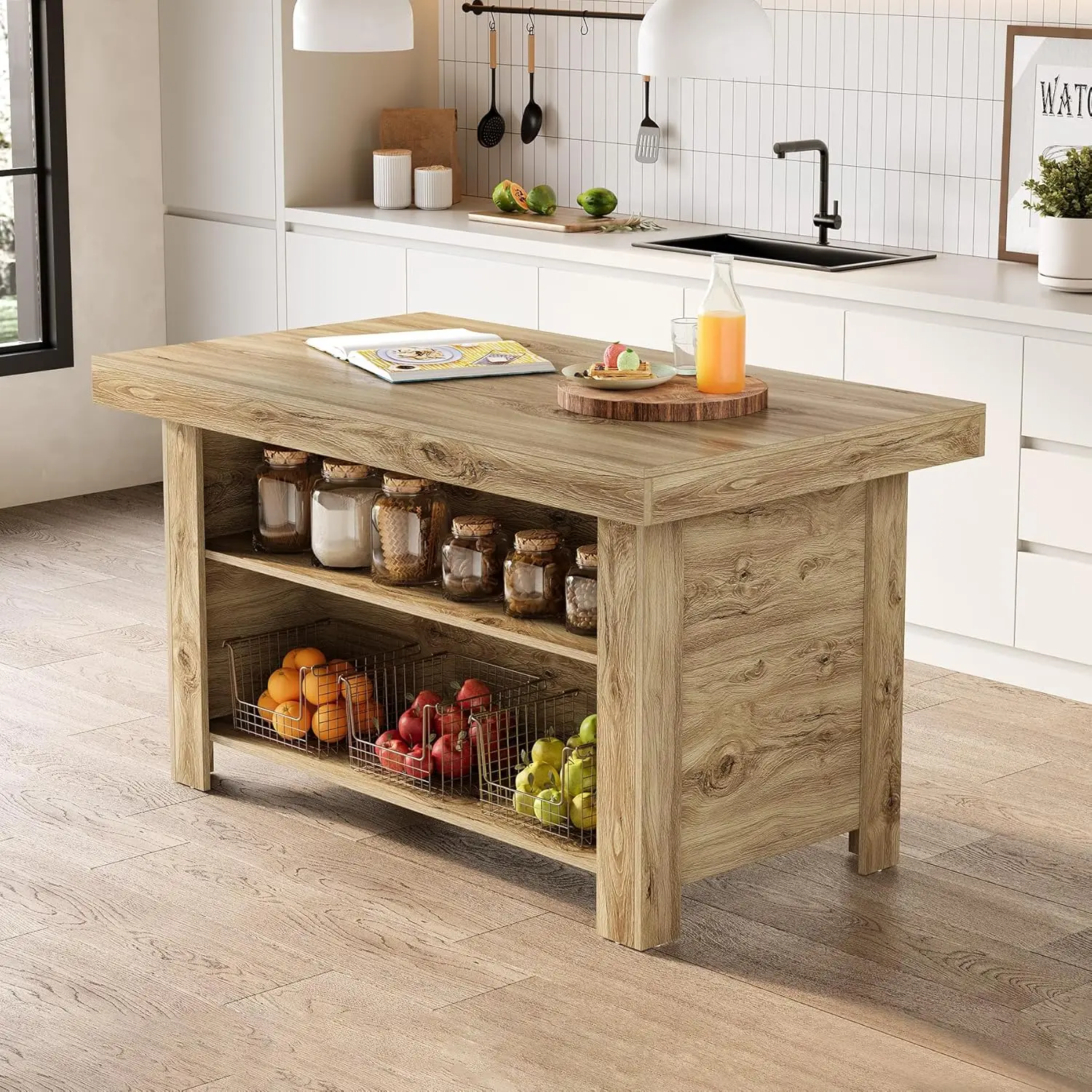 

55 Inches Kitchen Island with Storage, 3-Tier Farmhouse Wooden Stationary Island Table with Large Worktop & Leg Room, M