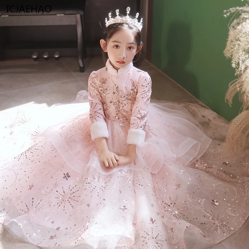 ICJAEHAO Children's Dress Girls Birthday Princess Dress Thickened Pink Flower Little Girl Host Piano Costume Winter Vestidos