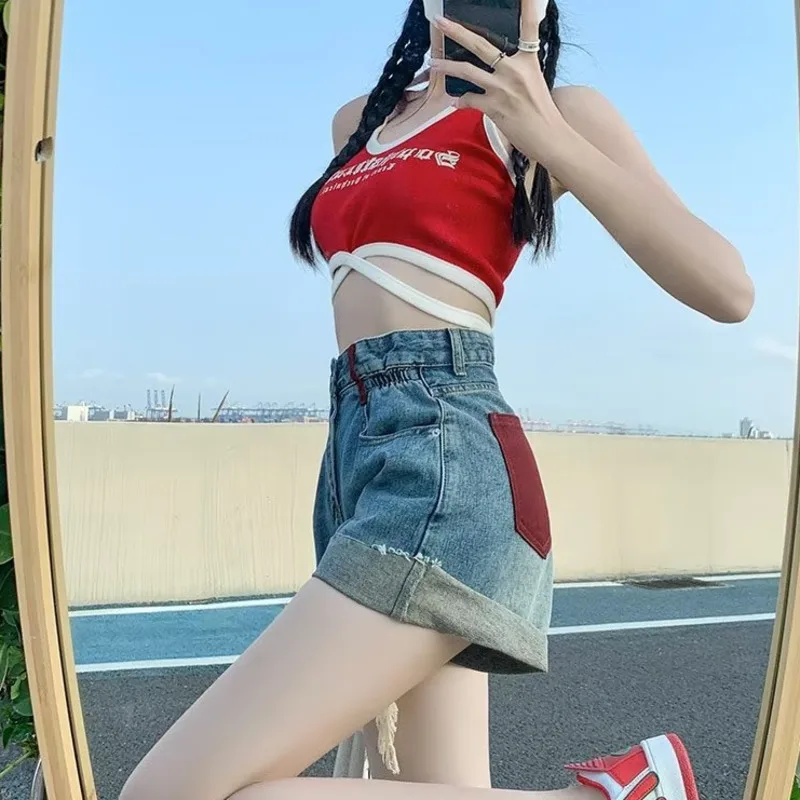 Retro Contrasting Denim, Women\'s Irregular Pocket Design, Tassel Shorts, Small Tall Waist, Spicy Girl Hot Pants, Summer