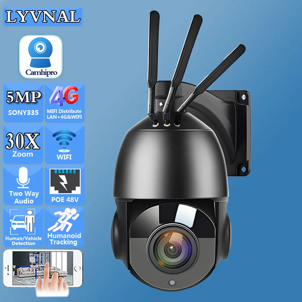 

3G 4G SIM SO-NY335 HD 5MP Wireless Security IP Camera WIFI PTZ Dome 30X Auto Zoom Two Way Audio Human Tracking POE 48V IR 80M