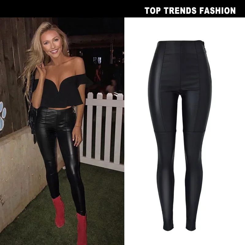 

Women's Leather Pant Side Zipper High Waisted Slim Fit Elastic Coating PU Faux Leather Denim Leggings Motorcycle Pants for Women