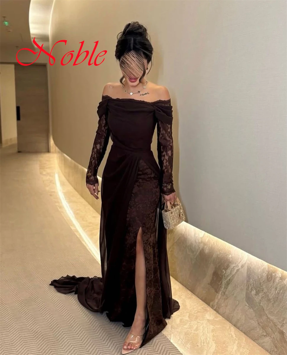 Customized High Quality audurn Chiffon Evening Dress Exquisite Boat Neck Off the Shoulder Lace Long Sleeves Cocktail Dress