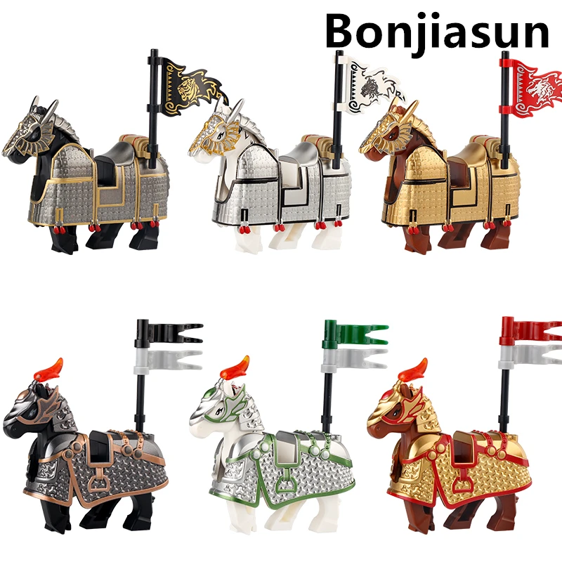 Ancient military Iron Soldier MOC Cavalry War Horse Animals Mounts Heavy armor Assemble Building Blocks bricks Educational Toys