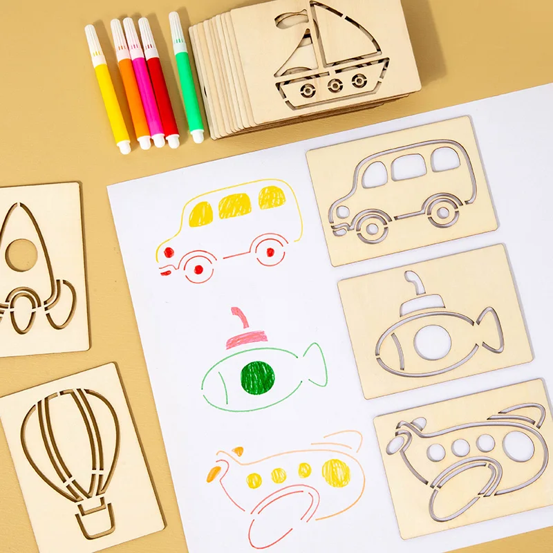 Wooden Hollow Graffiti Board - 7 Pattern Templates Includes Markers For Children's Creative Drawing And Fine Motor Skills