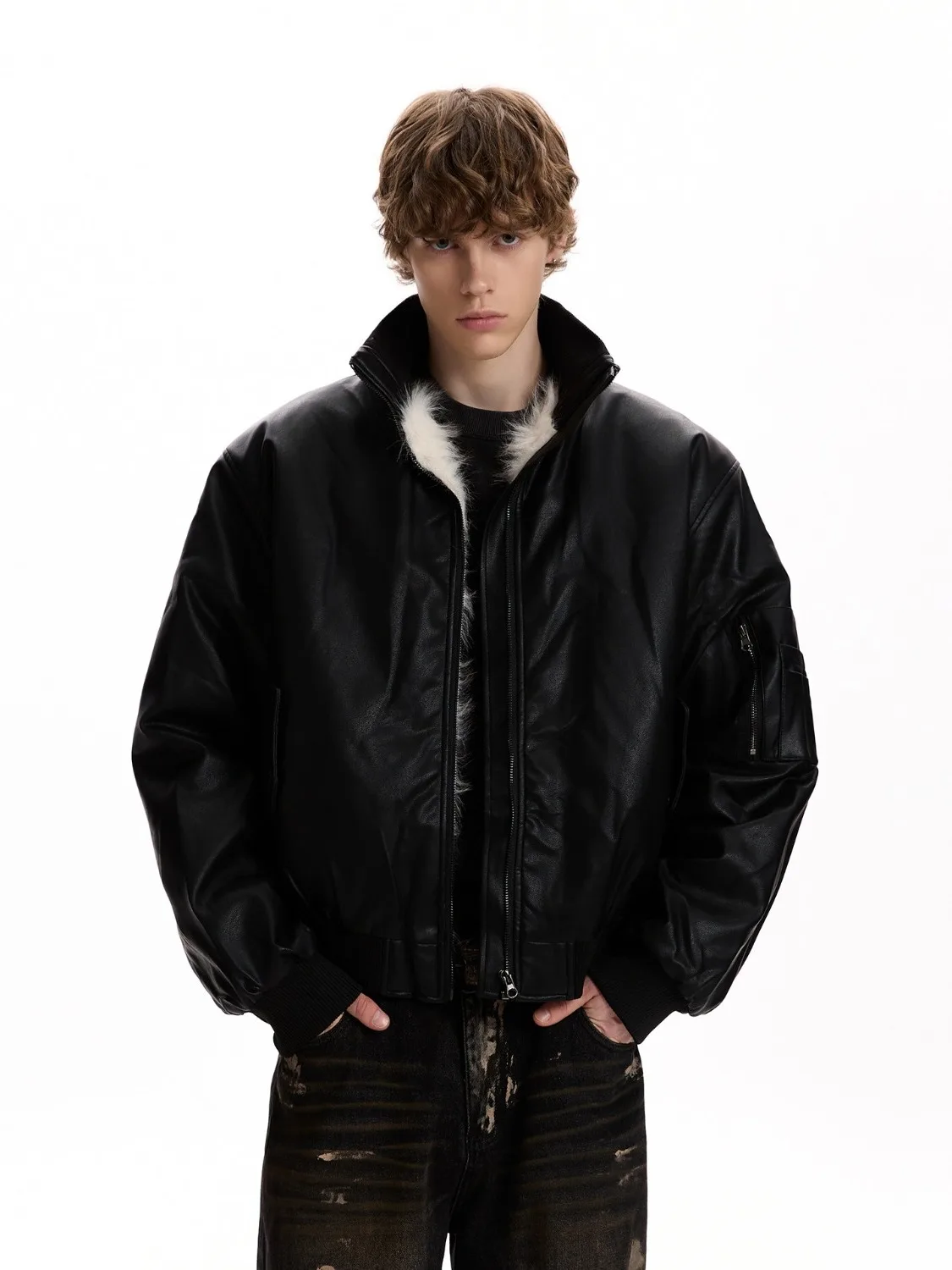 

American Retro PU Leather Jaet Thi Warm Cotton Pilot Coat Cleanfit Flng Jaet Outerwear for Teenagers in Winter Season