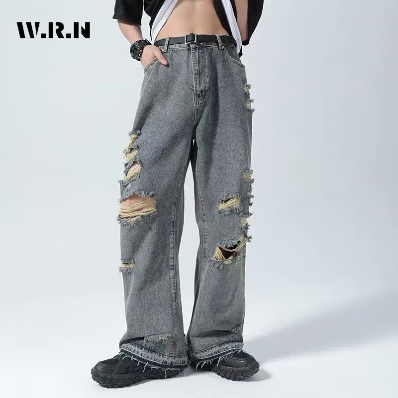 

2024 Spring Vintage Hollow Out Harajuku Y2K Loose Jeans Blue Pants Women's Wide Leg Baggy Trashy Style Ripped Denim Trouser