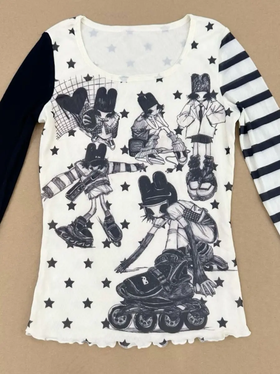 Y2K Millennium Trendy Girl Star Striped Asymmetric Early Long Sleeve Slim Fit Base T-Shirt Women's Street Style Moisture Wicking