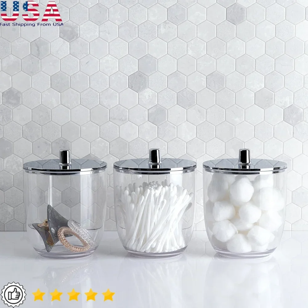 

Clear Covered Jar Set with Chrome Knob Lid 3-Piece Storage Containers Bathroom Vanity Hair Accessories Jewelry Cotton Swabs