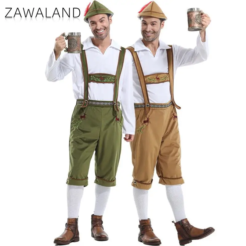 

Zawaland Men Green Brown Bavarian Oktoberfest Costume Set Traditional German Lederhosen Suit with Hat Suspenders Party Outfits