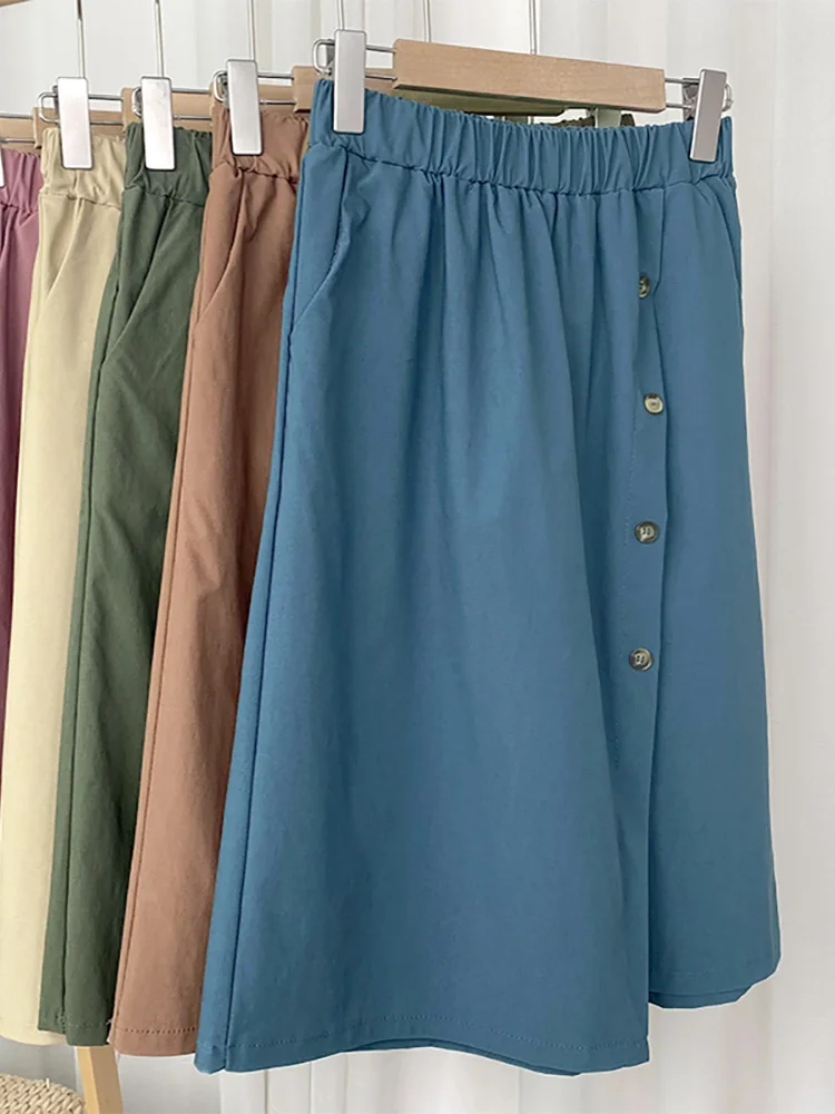 

Croysier Summer Clothes For Women Elastic High Waist Trousers Skort Asymmetric Buttons Solid Casual Knee Length Wide Leg Pants