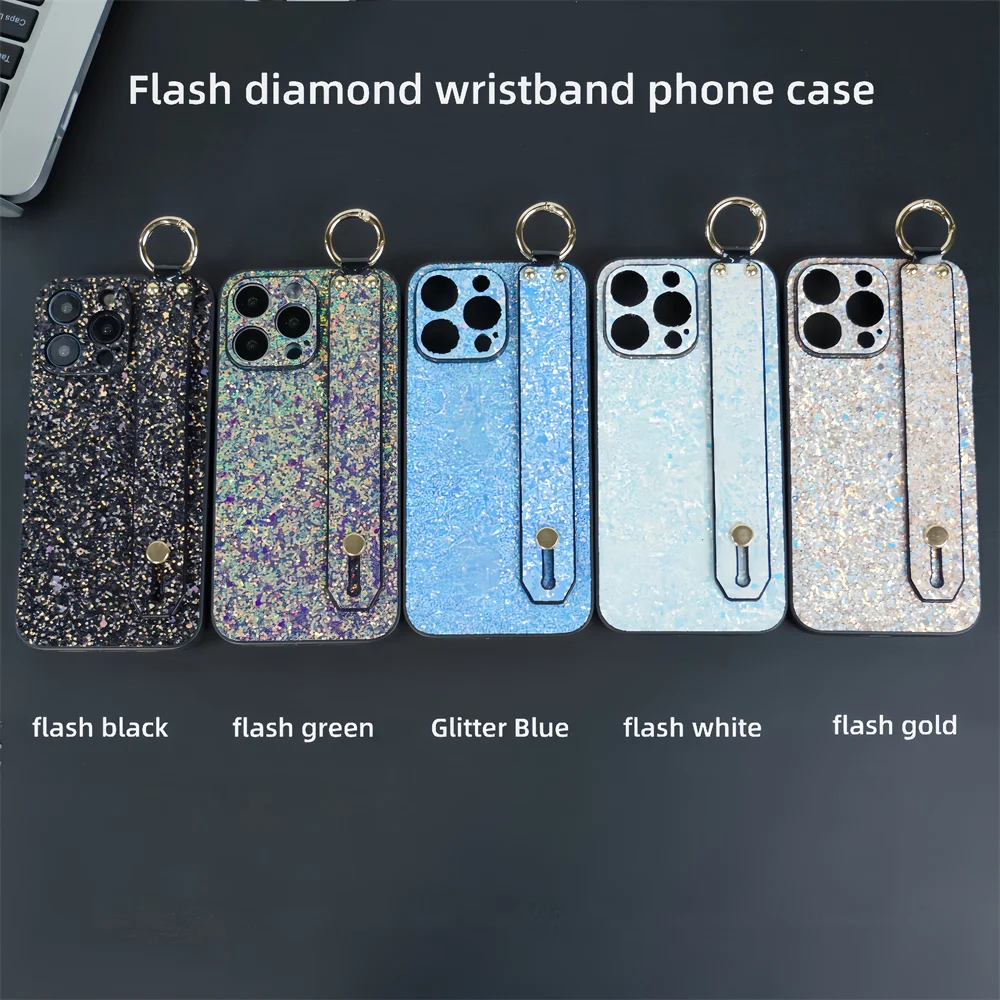 Glitter Diamond Wrist Strap Stand Case for iPhone 15proMax 14 11 12 13 15 Pro Max Plus Lens Protection Bling Silicone Soft Cover