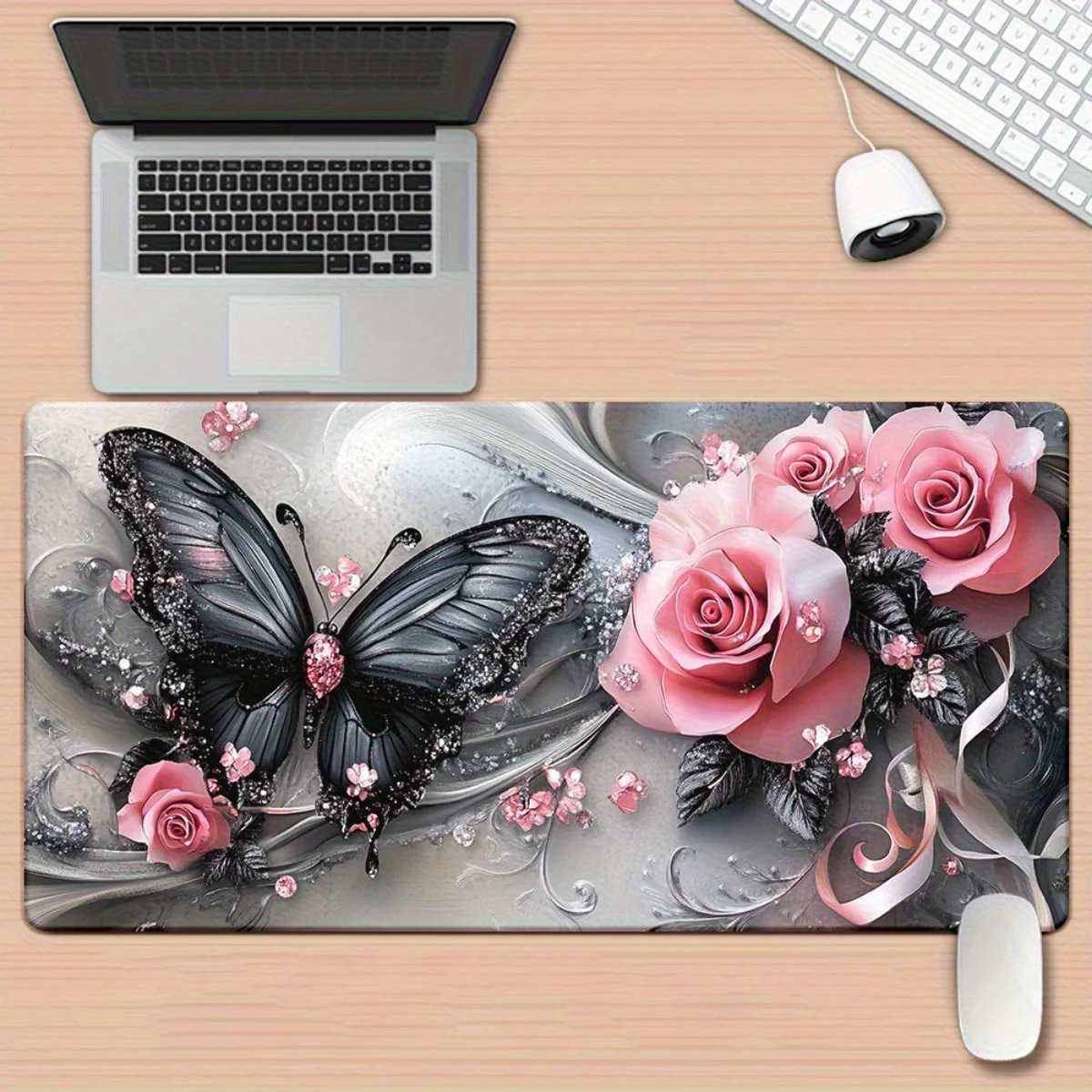 

Элегантный коврик для стола с бабочками и розами, удлиненный, нескользящий, резиновый, для мыши, для игр, офиса, декора рабочего места