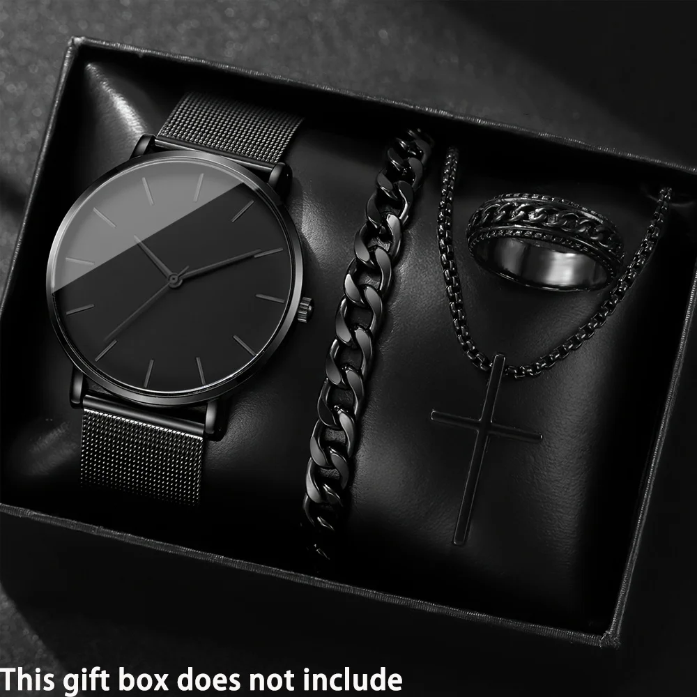 

4 шт./компл., мужские модные часы и крестовый набор, простые мужские деловые кварцевые часы с сетчатым ремнем из нержавеющей стали, мужские часы для отдыха