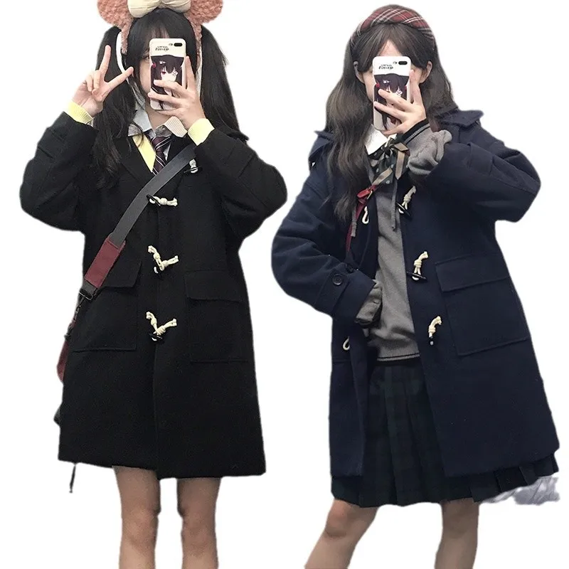 일본식 혼 버튼 코트 학교 유니폼 대학 스타일 쁘띠 JK 유니폼 두꺼운 양모 코트 여성 가을, 겨울