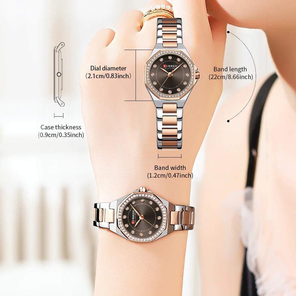 Reloj elegante de lujo CURREN para mujer, relojes de pulsera de cuarzo simples con diamantes de imitación brillantes, pulsera de acero inoxidable resistente al agua