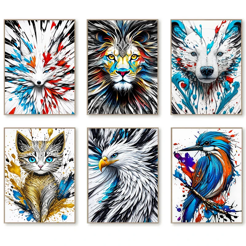 Wild Colors Splash Art Posters White Fox Lion Kitten Honey Eagle Canvas Printing Prints Wall Art Picture for Bedoom Home Decor