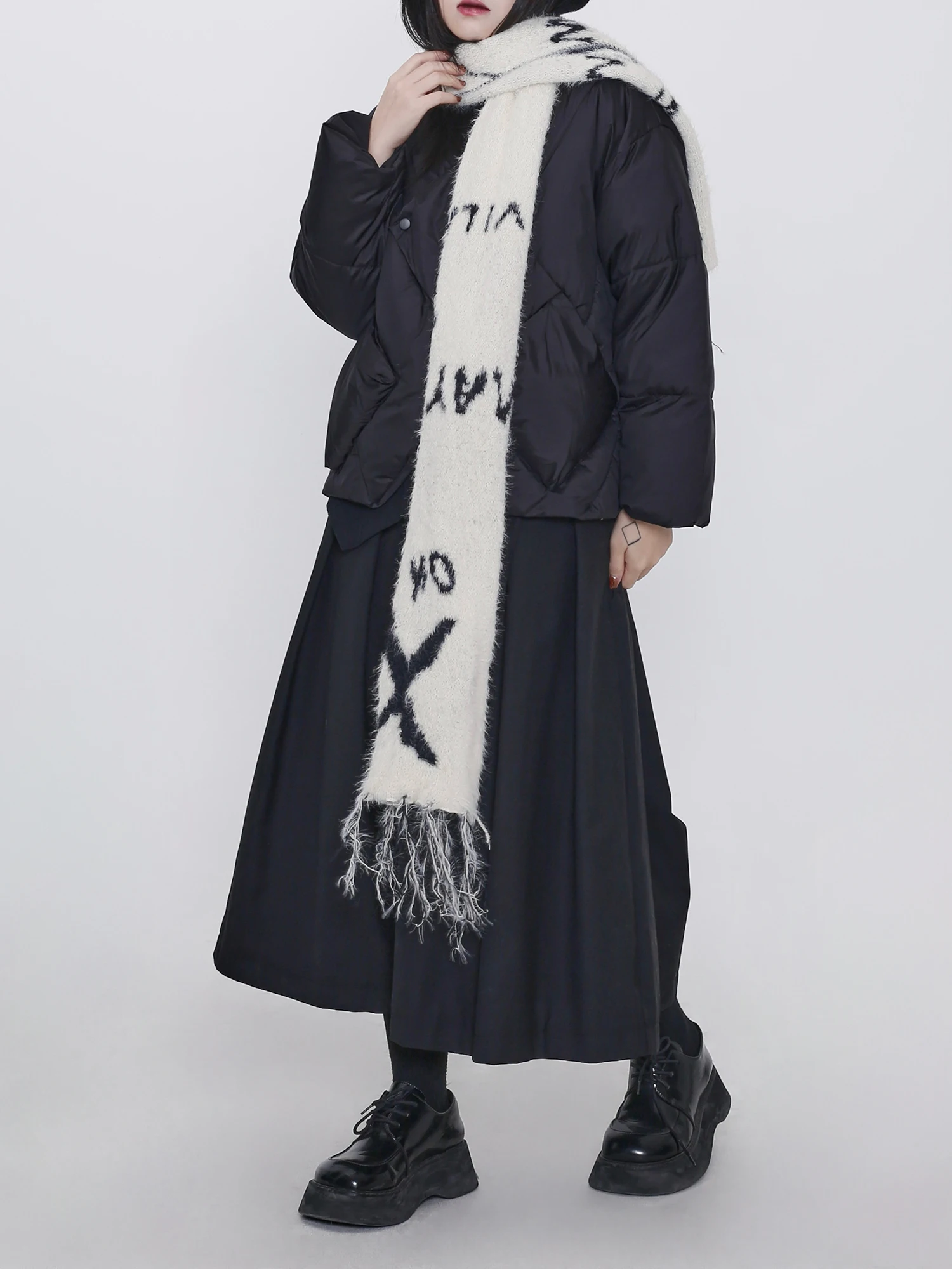 

Warmth And Style Hooded Scarf Faux Cashmere Tassel Trim Lettering Black And White Trendy Atmosphere Winter Scarf Unisex