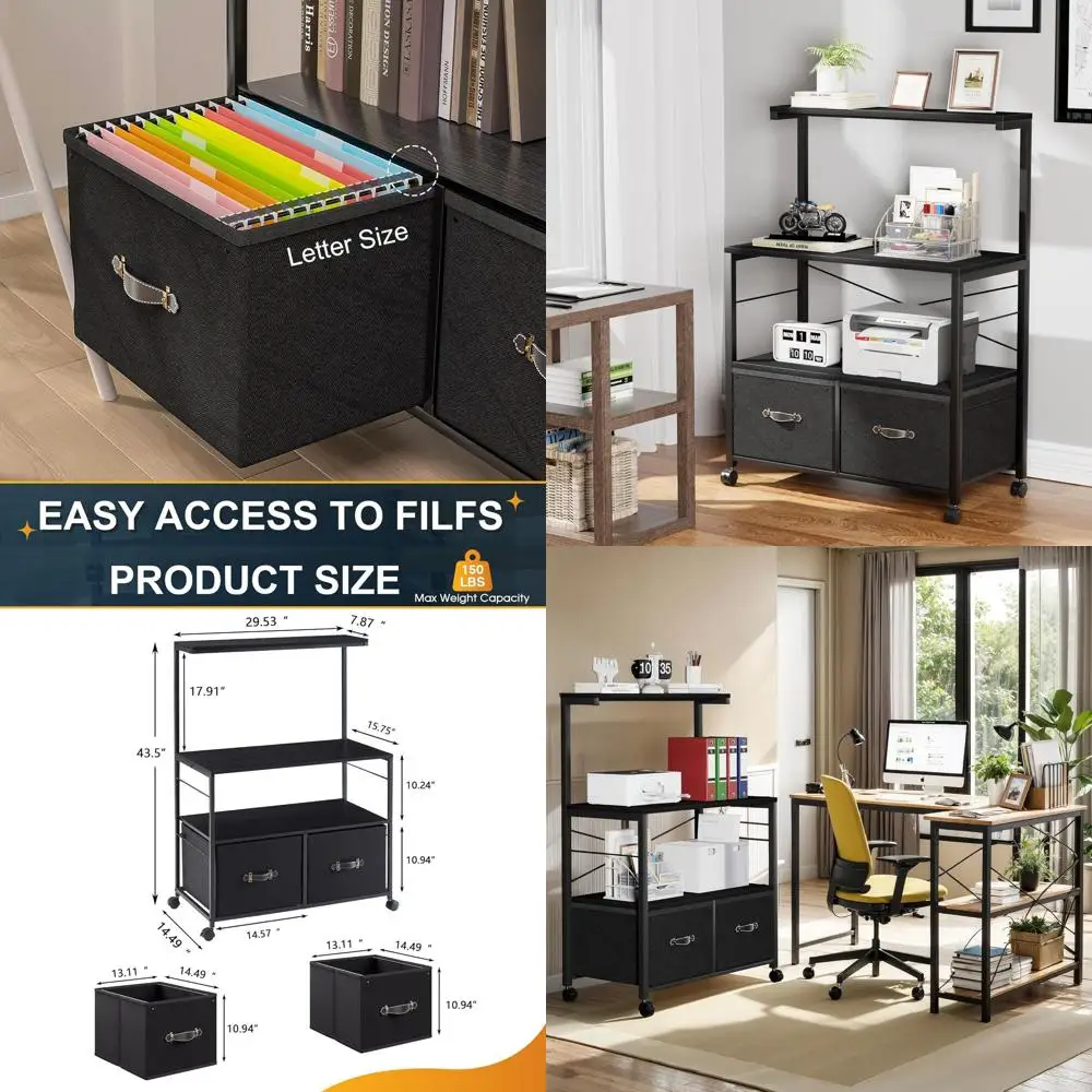 

3-Shelf, 2-Drawer Mobile File Cabinet with Printer Stand, Open Storage, Letter Size, Black for Home Office