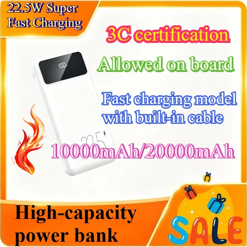 Ultra Large 20000mAh Power Bank Built-in Charging Cable Fast Charge Portable Travel Charger 3C Certified Support Airplane Carry