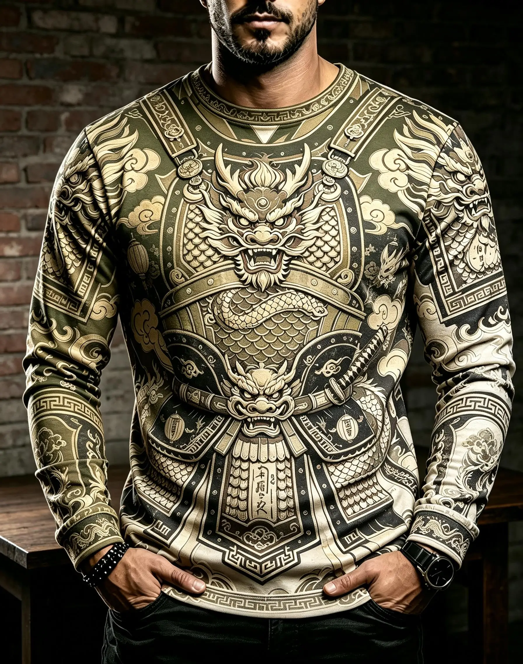 Men Crew Neck Long Sleeve T-shirt, Purple Black Cyber Mechanical Skeleton Circuit Armor Futuristic Print Casual Top