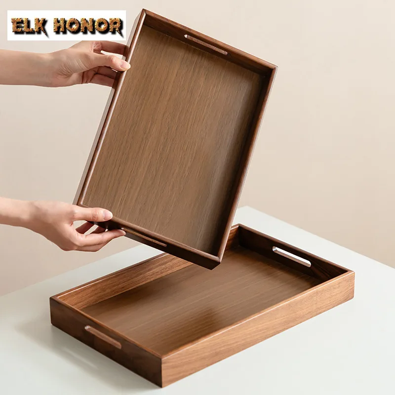 Walnut Wooden Serving Trays With Handle Rectangular Plate Nesting Multipurpose Trays For Tea Coffee Breakfast Table Centerpieces