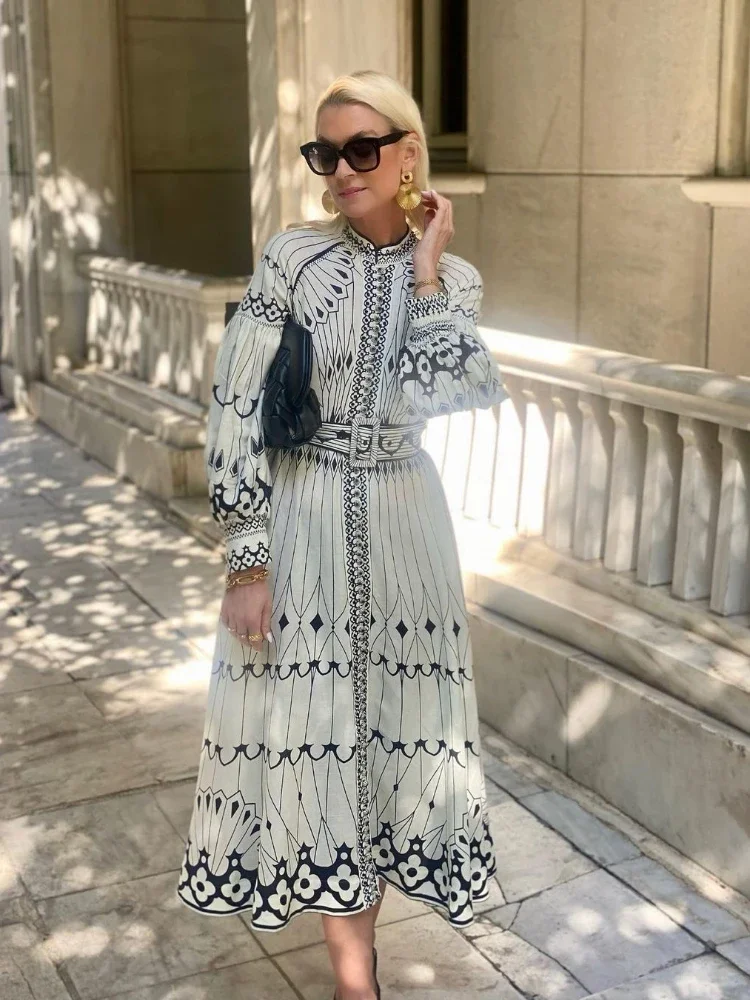 

Ladies Elegant Printed Midi Dress With Belt Fashion Stand Collar Long Sleeve A-line Dresses Spring Female Casual Street Vestidos