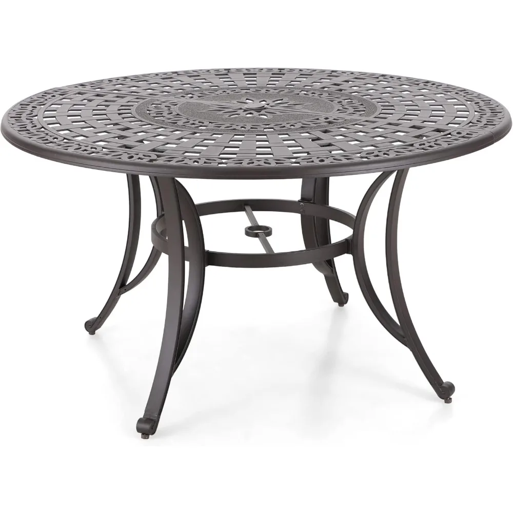 

Outdoor Dining Table 6-Person Round Cast Aluminium, Patio Bistro Table with 2.2" Umbrella Hole for Porch Backyard, Bronze