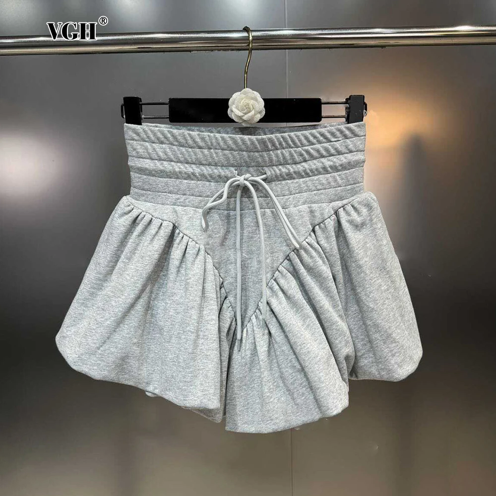 VGH Solid Patchwork Ruffles Casual Shorts For Women High Waist Spliced Lace Up Minimalist Loose Irregular Short Pants Female New