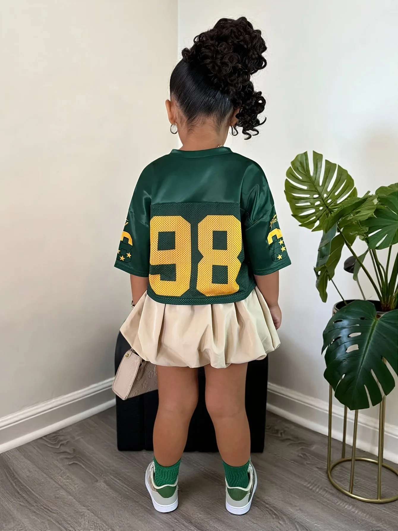Breathable Kids Girls Two Piece Matching Suit, Vintage Number Football Short Top + Loose Bubble Skirt for Daily Outdoor Play Fas