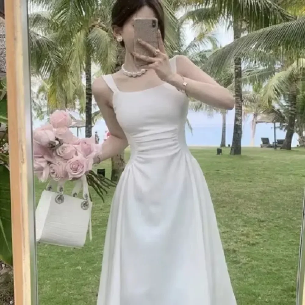 

Gentle Style Square Neck Strap Solid Color Dress for Summer Women French Style New Slim Fit Waist Style Mid Length Dress