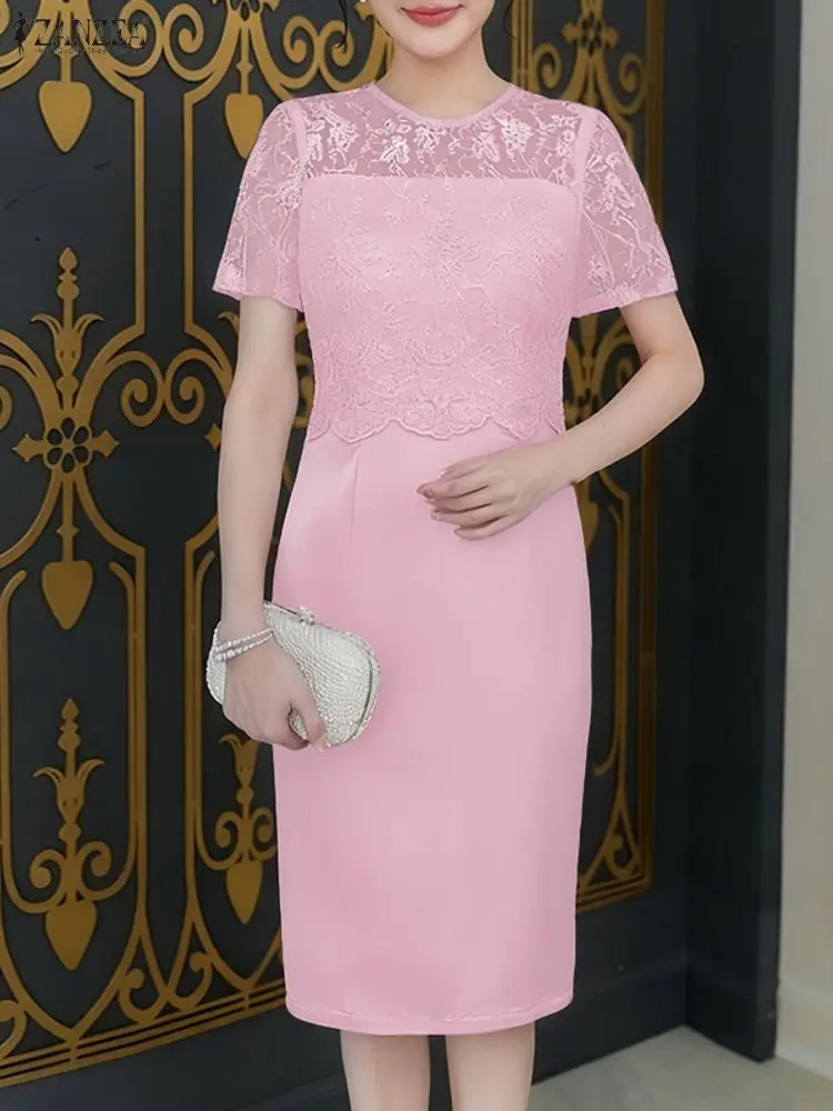 ชุดเดรสออกงานหรูหรา ปี 2025 ZANZEA ชุดเดรสผู้หญิงทันสมัย ตกแต่งด้วยผ้าลูกไม้ ชุดเดรสฤดูร้อนแขนสั้นทรงเข้ารูป ชุดเดรสผ้าซาตินสีพื้นความยาวปานกลาง