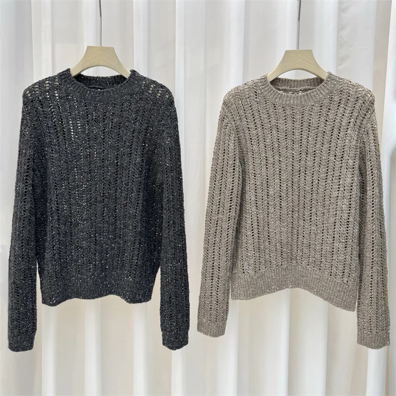 

Women's sweater New elastic knitted hollow out long sleeved top for autumn 2025 Wool blend round neck pullover Women's jumper