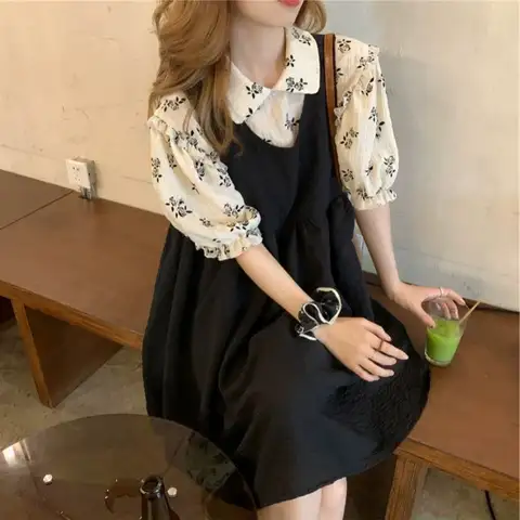 Cute Japanese Style Short Sleeve JK Dress Women's  Summer Dress Vintage Black Bib Overalls Sweet First Love Student Dress