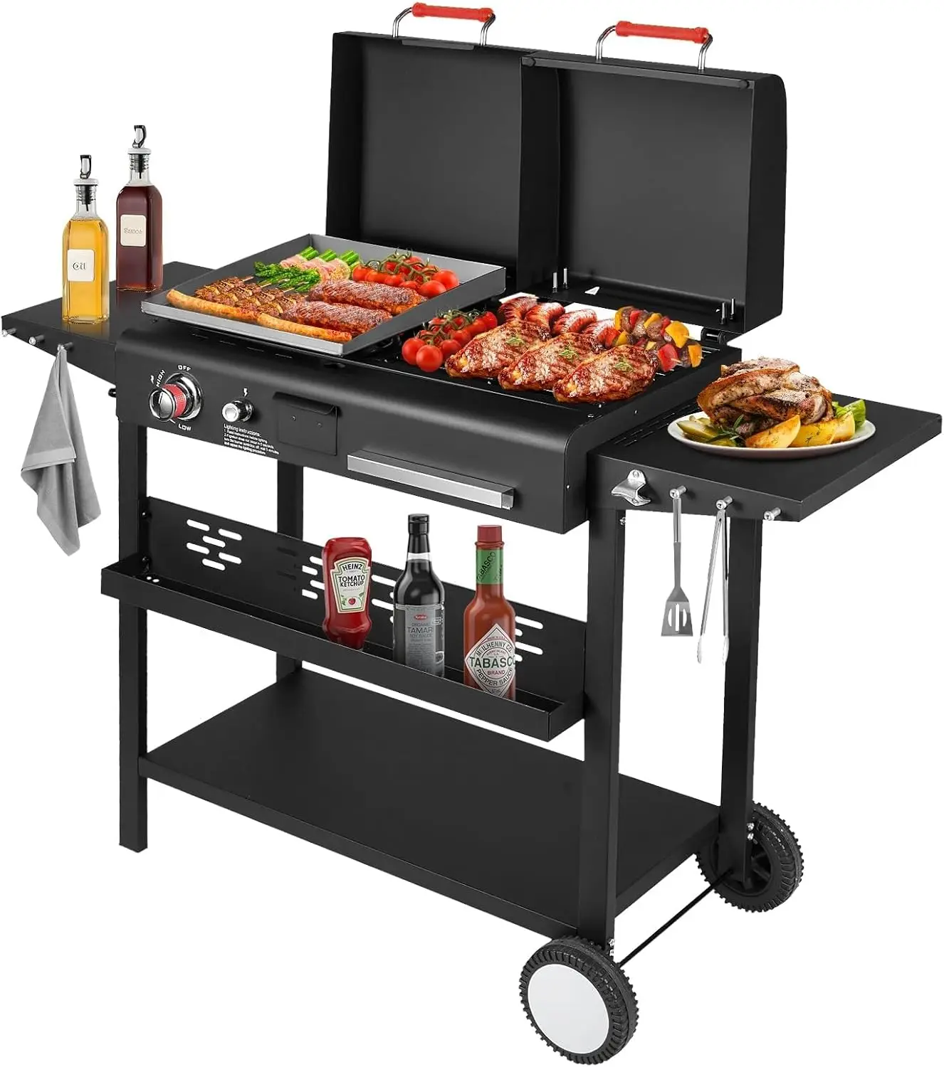 BBQ - Propane and Charcoal Combo, Dual - Fuel Grill with Long Silicone Non - Slip Gloves, Dual Fuel Lids and Side Shelves