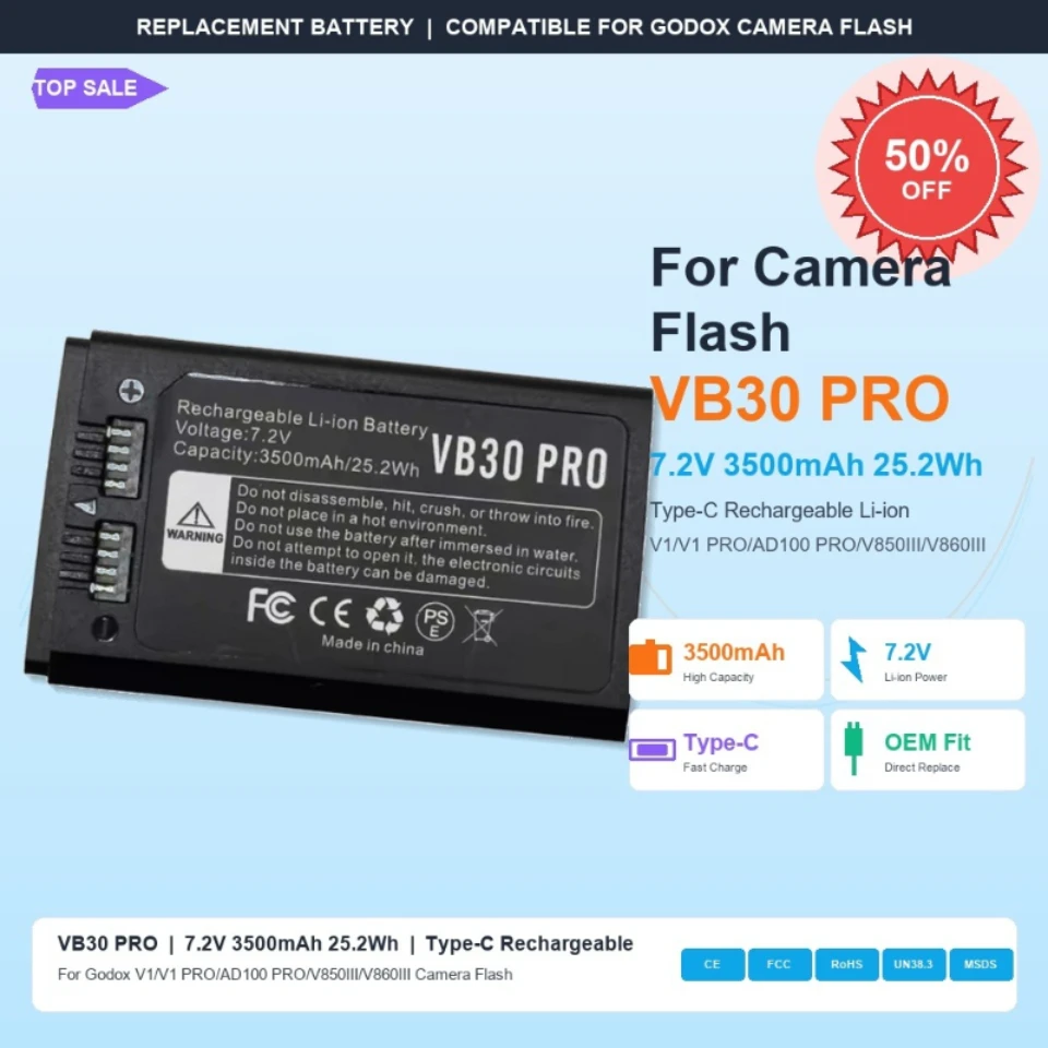 VB30 PRO 7.2V 3500mAh 25.2Wh Type-C Rechargeable Li-ion Battery for Godox V1/V1 PRO/AD100 PRO/V850III/V860III Camera Flash