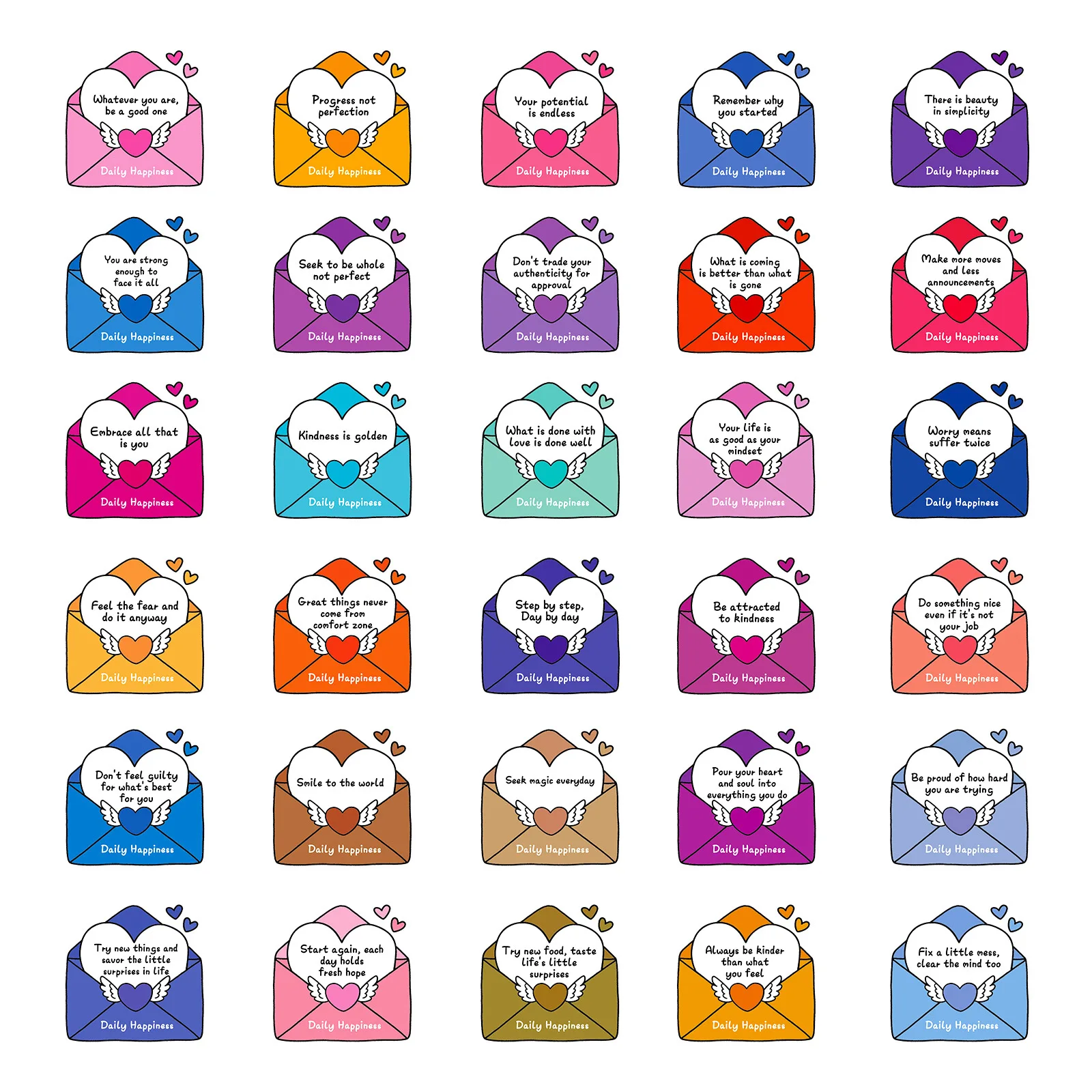 56PCS Cartoon Happy Daily Envelope Text Sticker DIY Decoration Mobile Phone Case Water Cup Skateboard Notebook Toy Gift Sticker