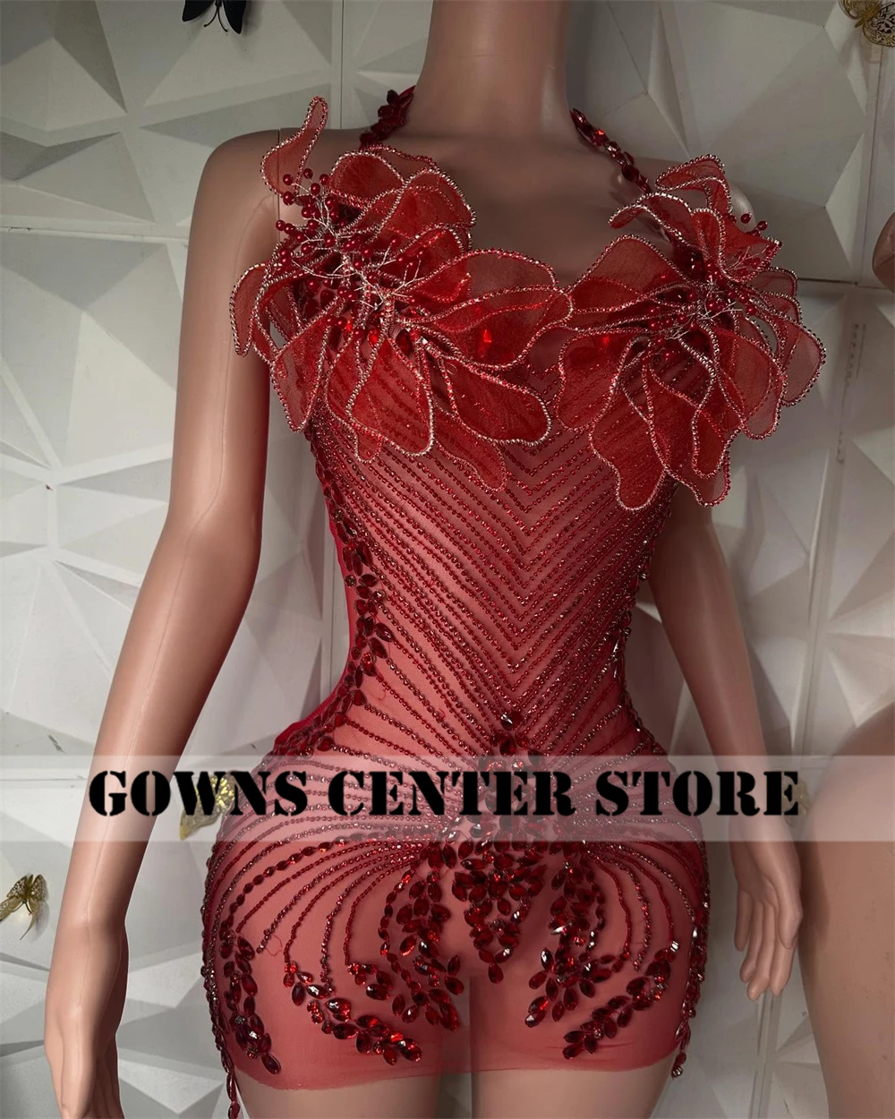 Red Diamante Mini Short Cocktail Dresses Aso Ebi Backless Black Girls Birthday Party Custom Queen Evening abti da Customized