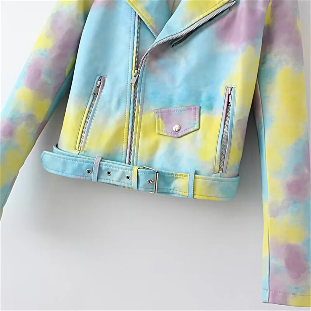 2024 autumn and winter new products casual and fashionable women's clothing tie dye decoration motorcycle jacket