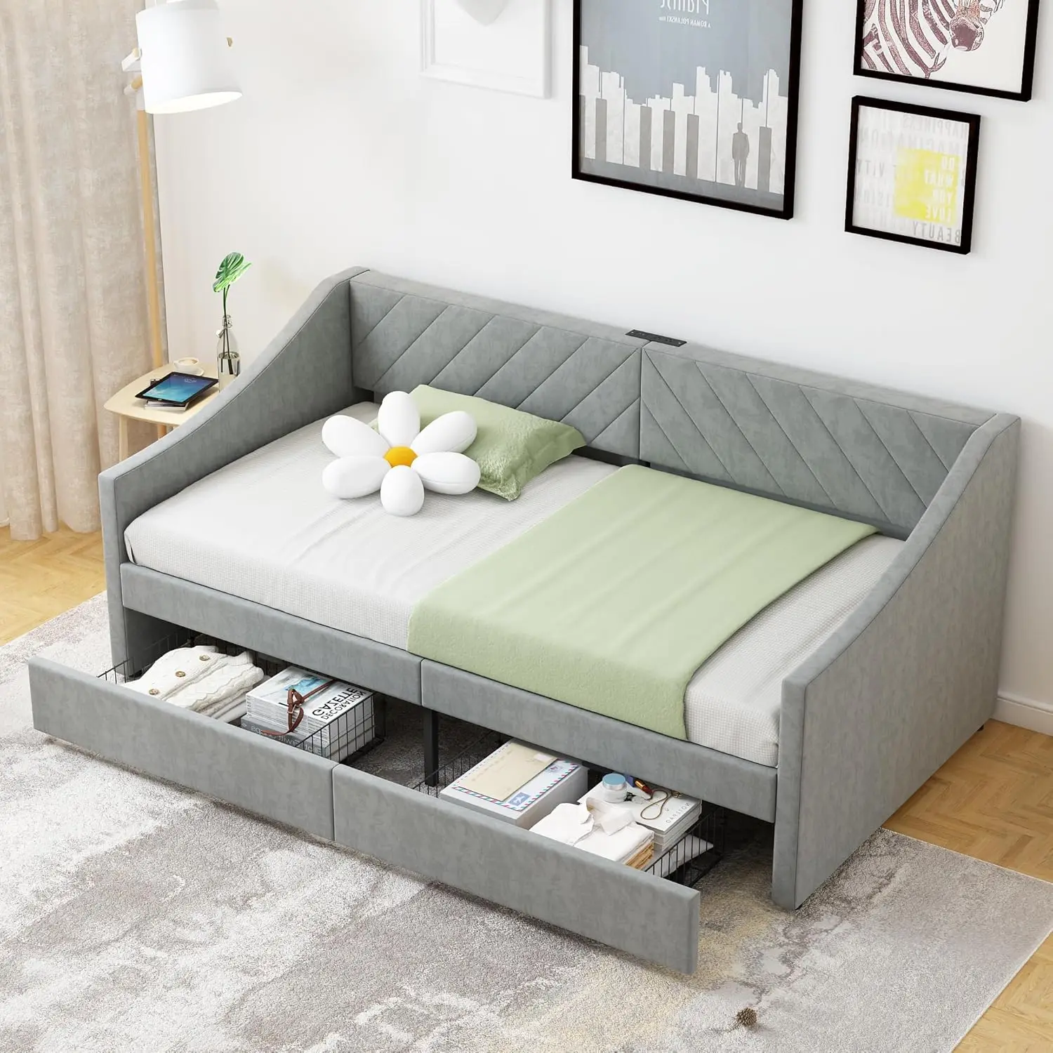 

Twin Daybed with Upholstered Headboard and Charging Station Daybed with Trundle Sofa Day Bed with Strong Supports for Living