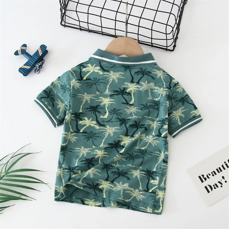 Summer Boys 2024 Korean Fashion Casual Breathable Flip Print Coconut Tree/POLO Shirt/2-7 Years Old