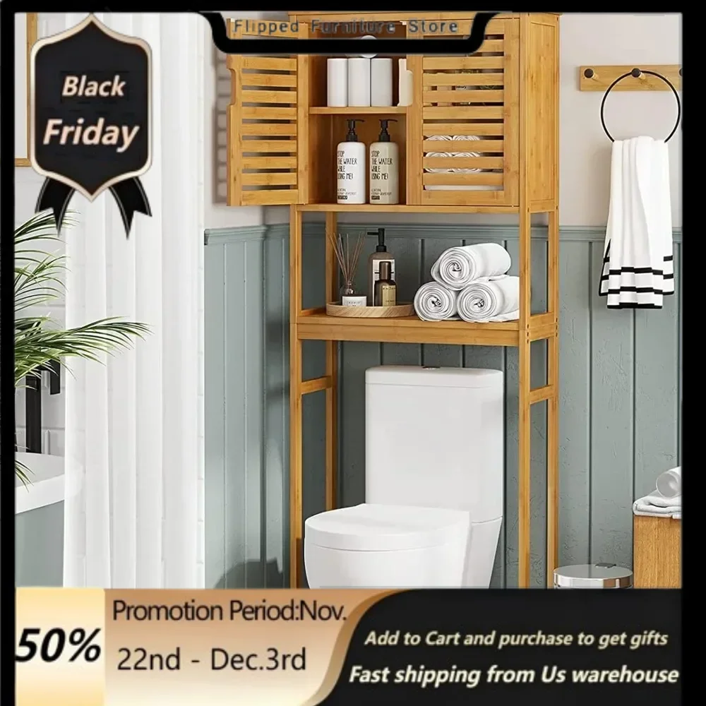 

Over The Toilet Storage Cabinet, Tall Bathroom Cabinet Organizer with Cupboard and Adjustable Shelves, Freestanding Toilet Shelf