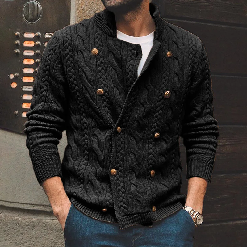 Men's Knitted Cardigan 2023 Autumn And Winter New Solid Color Half-Turtleneck Double-Breasted Knitted Sweater Coat