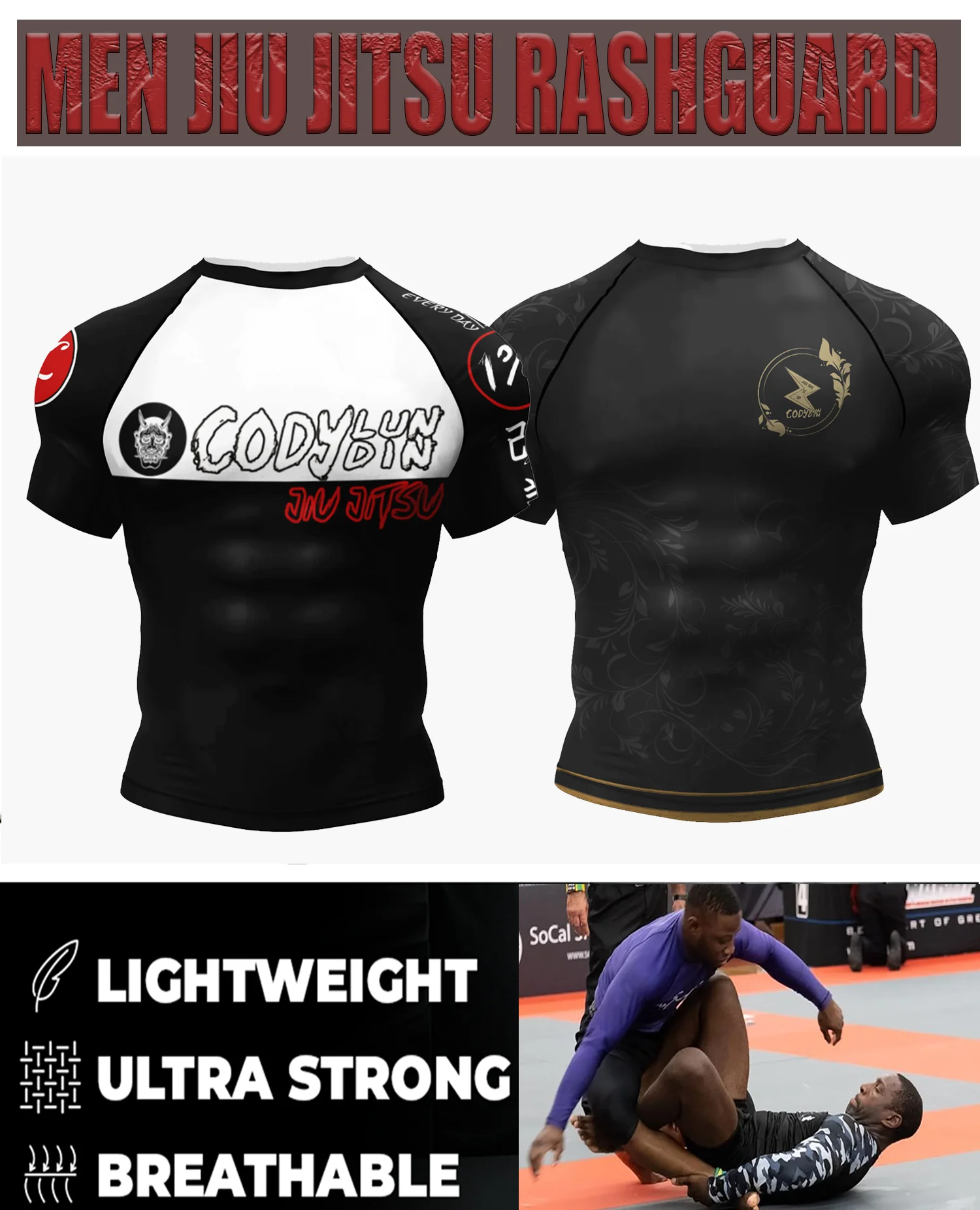 Cody BJJ Rash Guard Mens Jiu Jitsu MMA Compression Tops Fightwear Short Sleeve Westling Boxing Training Muay Thai Stretch Shirt